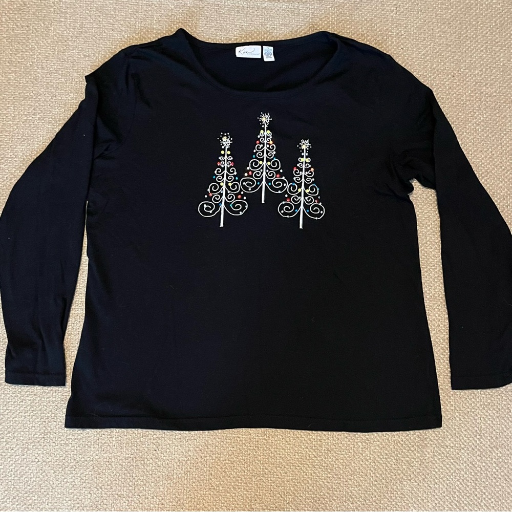 Kim Rogers Top Women’s L Black Christmas Tree Shirt Sequins Beaded Embroidered